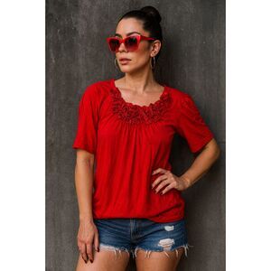 CUSTO BARCELONA Red Floral Neck T Shirt Tee Top Women's Size Small